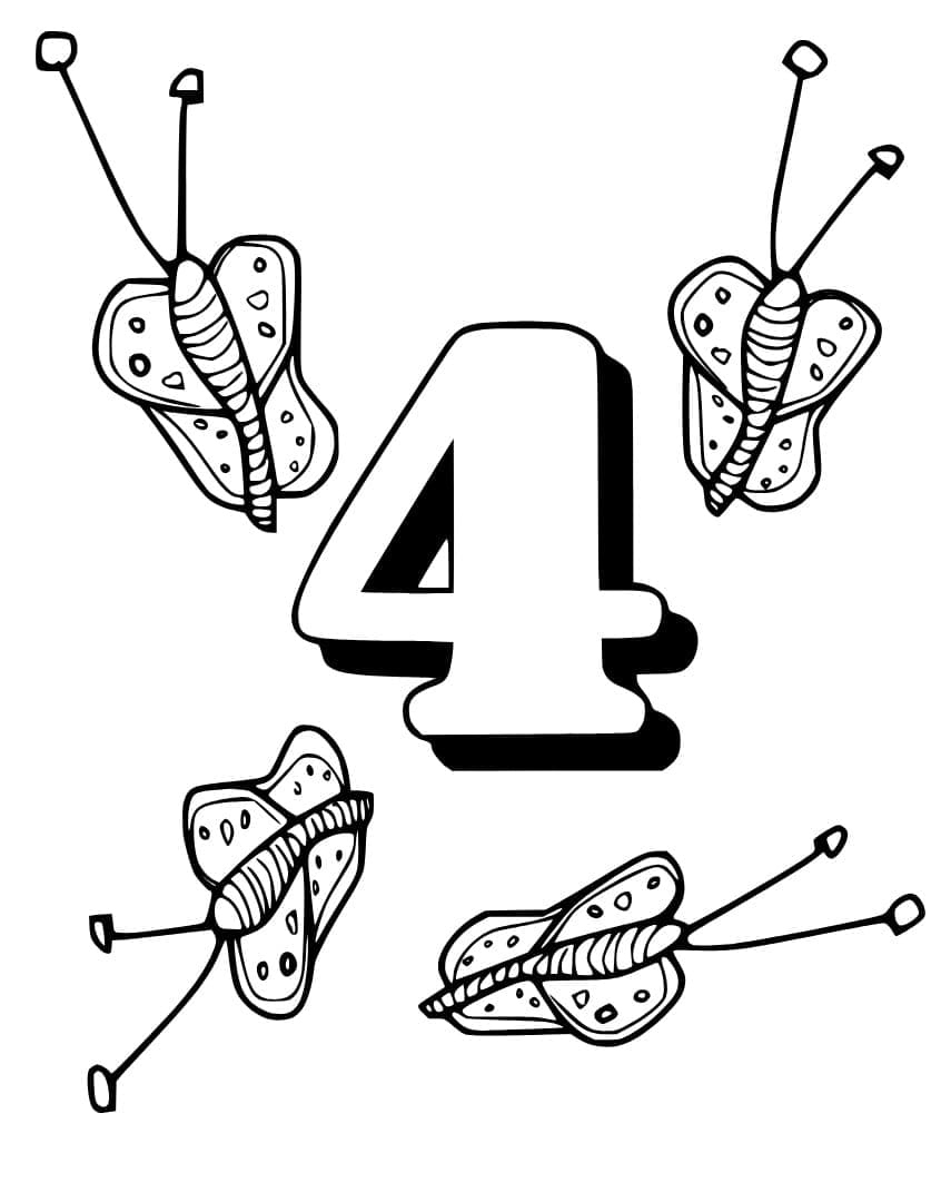 Coloriage Chiffre 4 avec Papillons