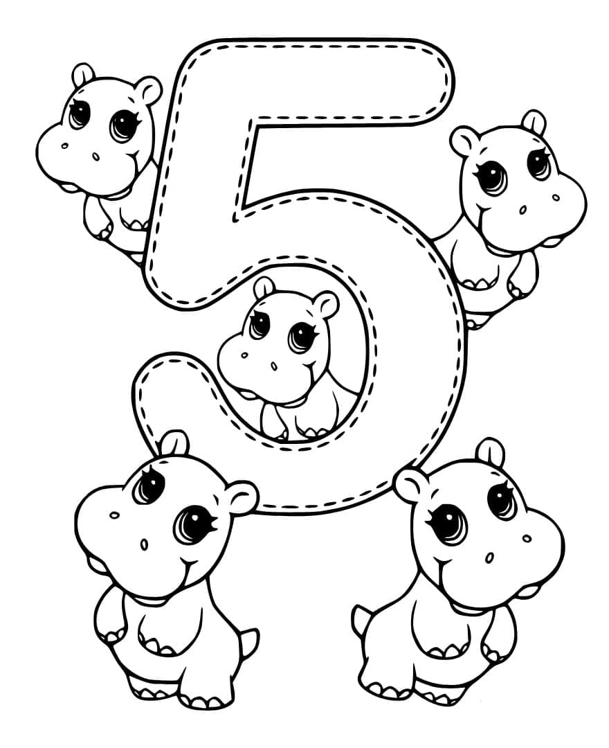 Coloriage Chiffre 5 et Hippopotames
