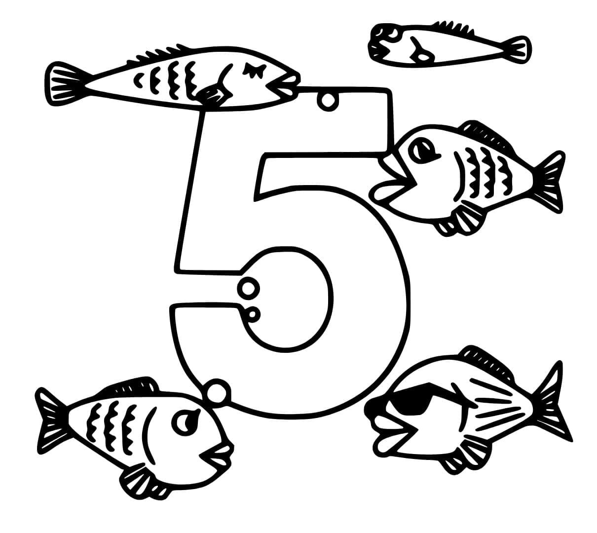 Coloriage Chiffre 5 et Poissons