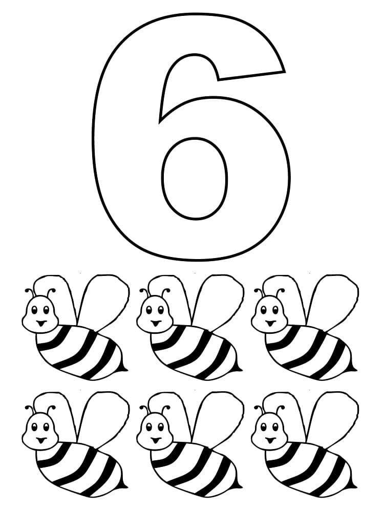 Coloriage Chiffre 6 et les Abeilles