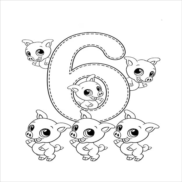 Coloriage Chiffre 6 et les Cochons