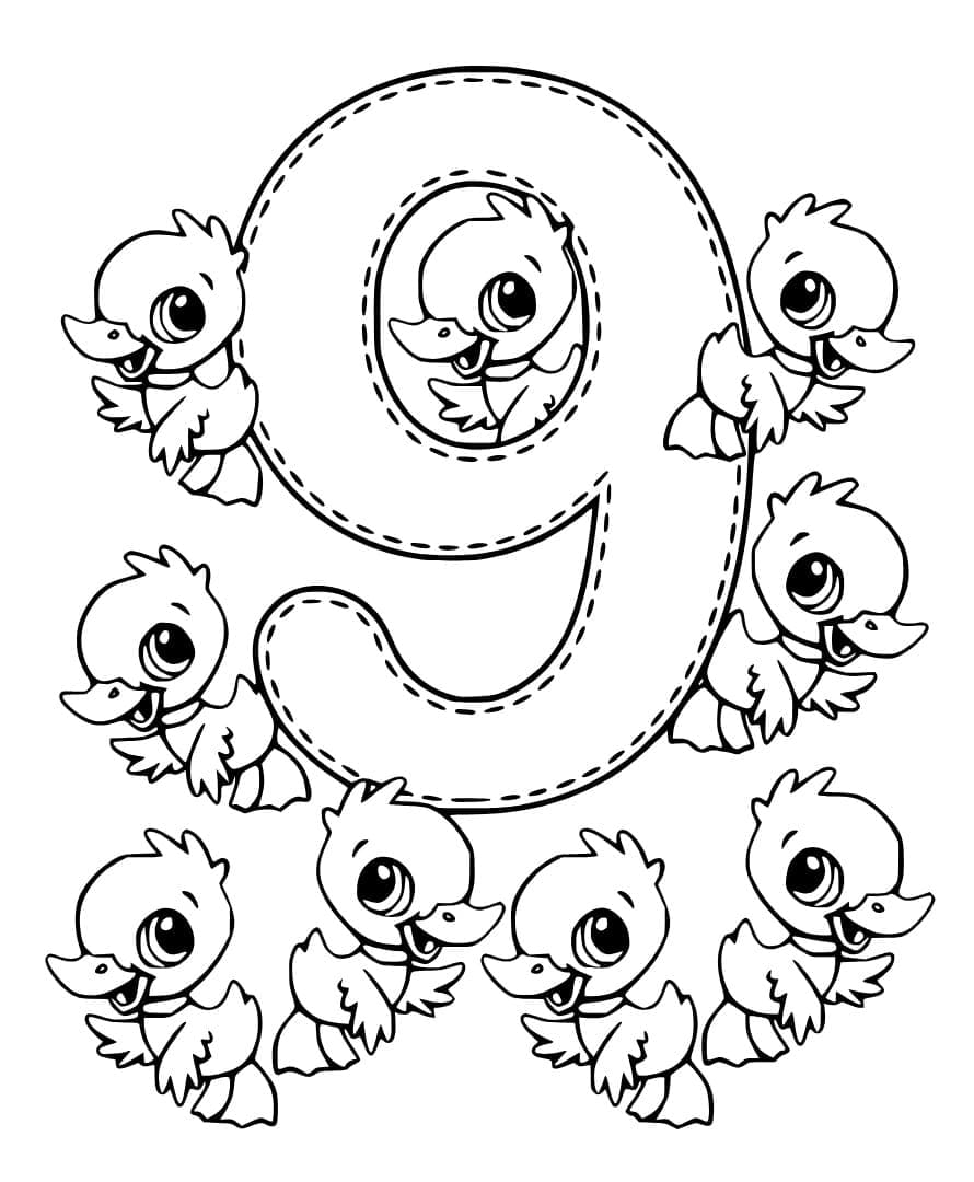 Coloriage Chiffre 9 avec des Canards