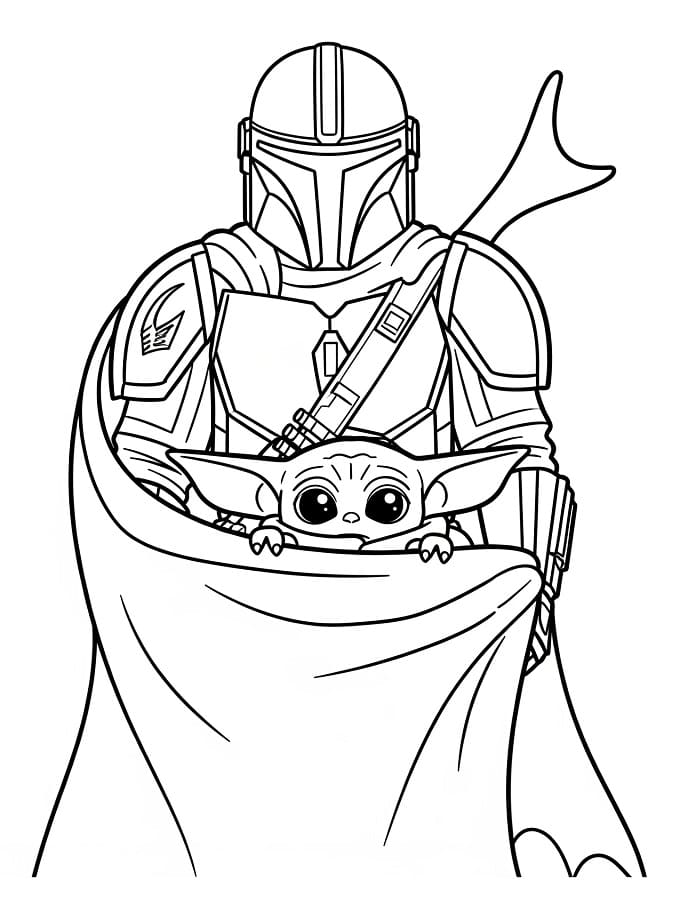Coloriage Bébé Yoda et Mandalorian