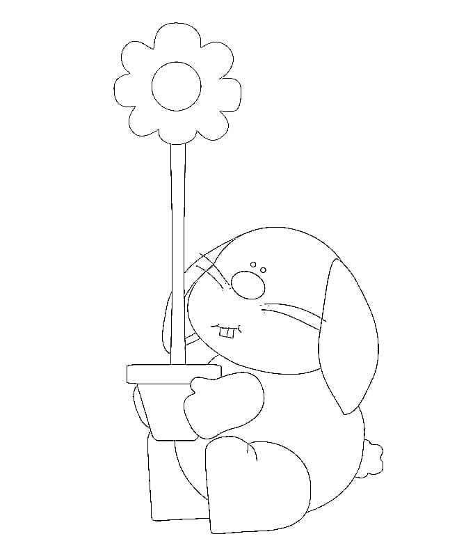 Coloriage Lapin et pot de fleurs