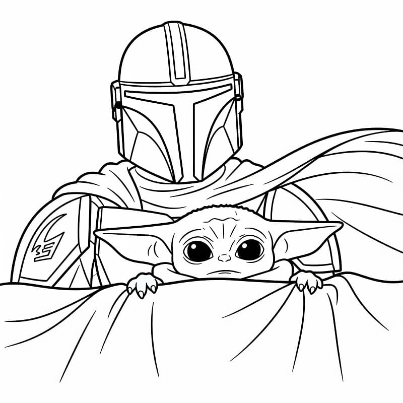Coloriage Mandalorian avec Bébé Yoda
