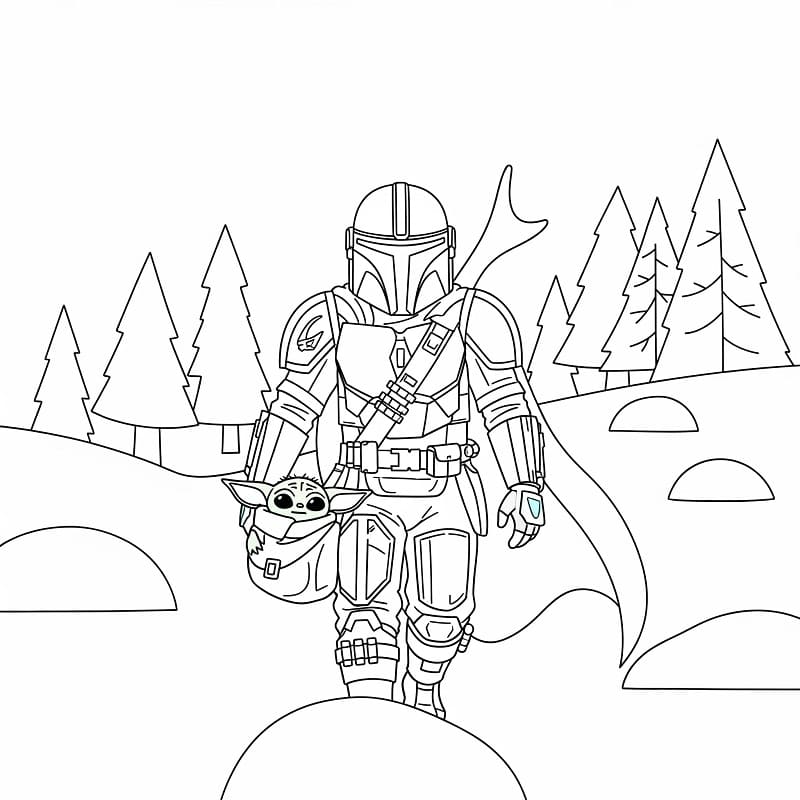 Coloriage Mandalorian et Bébé Yoda