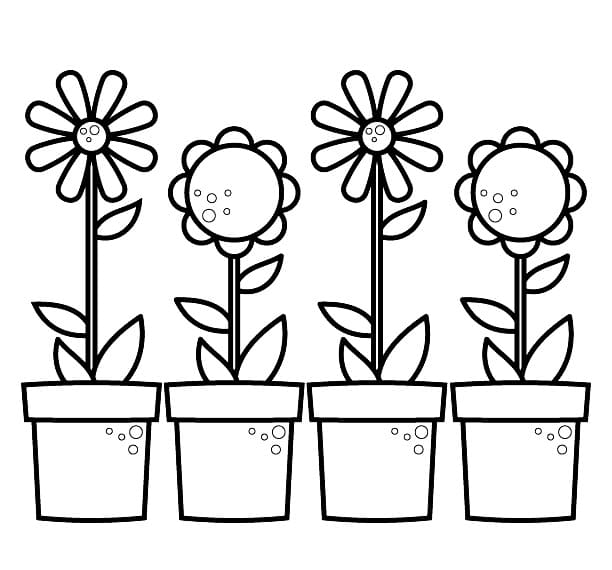 Coloriage Quatre pots de fleurs