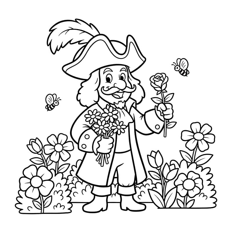 Coloriage Capitaine Crochet avec des Fleurs
