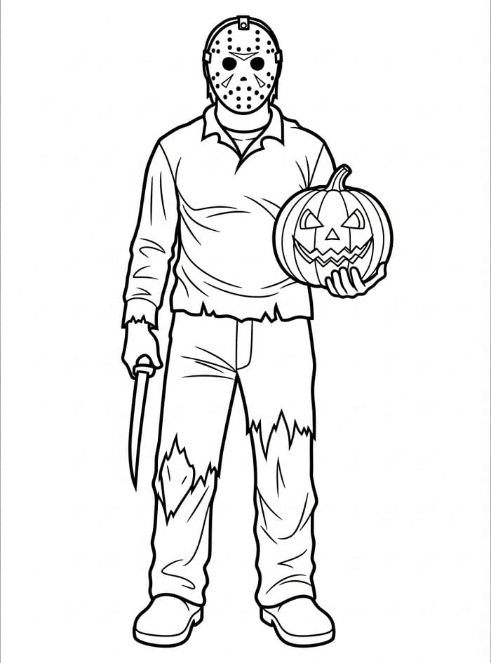 Coloriage Jason Voorhees avec citrouille