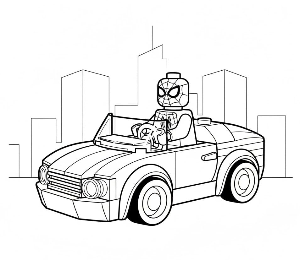 Coloriage Lego spiderman conduit une voiture