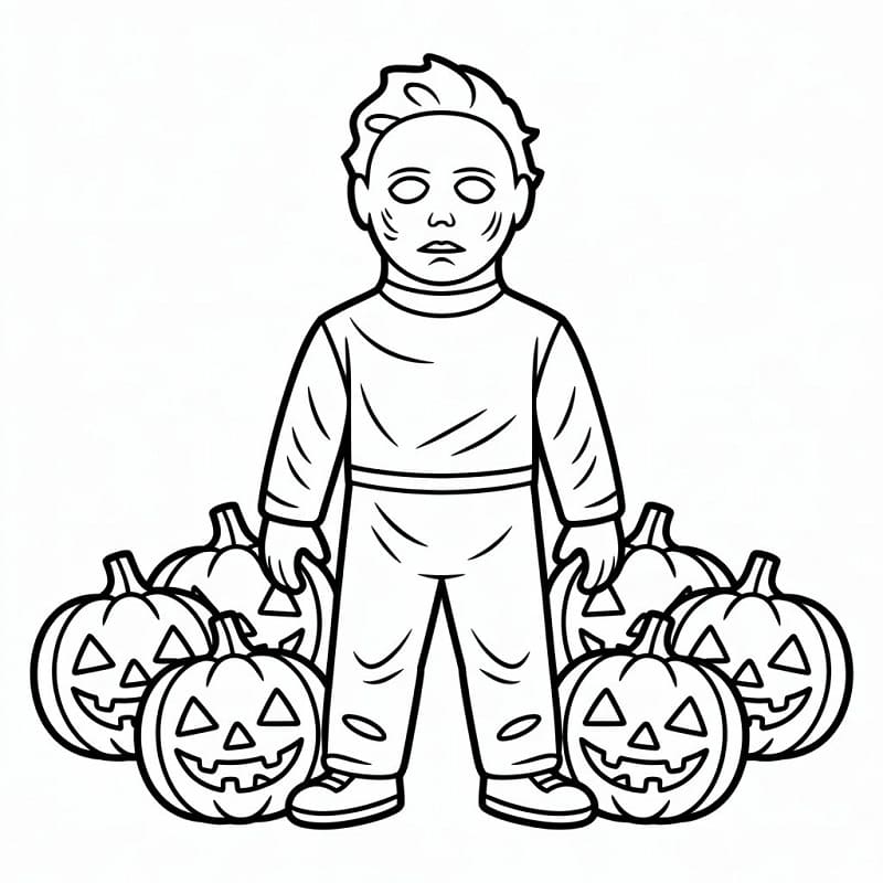 Coloriage Michael Myers avec des Citrouilles d'Halloween