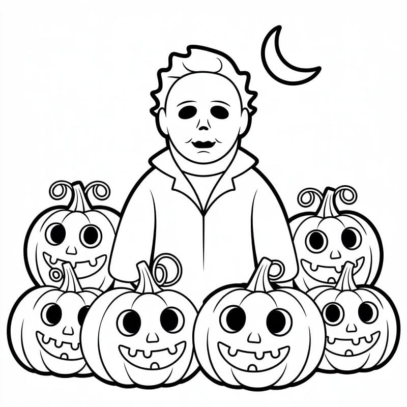Coloriage Michael Myers et Citrouilles d'Halloween