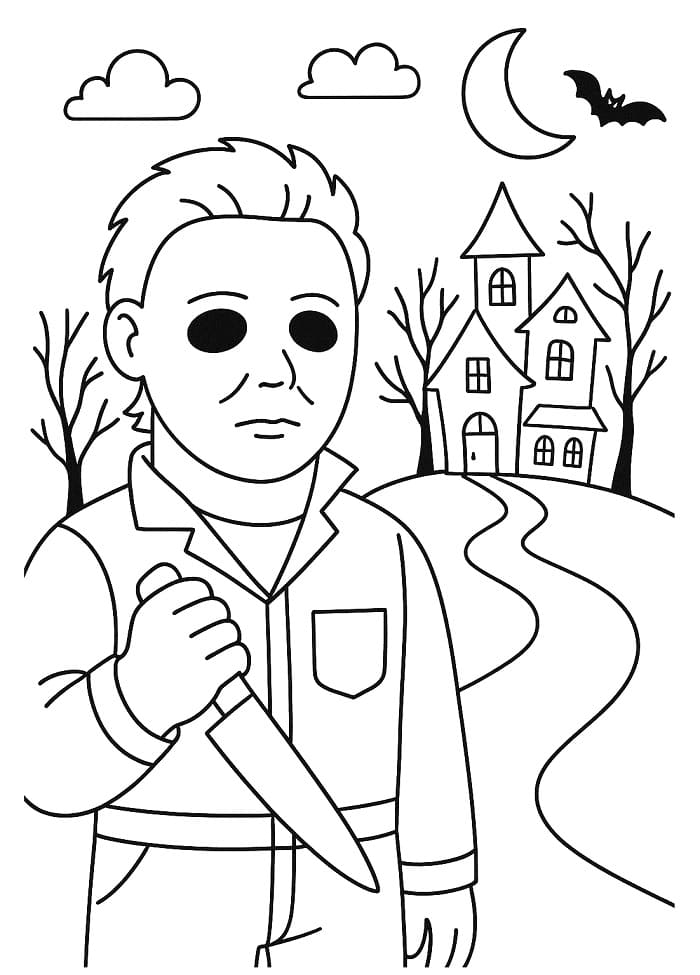 Coloriage Michael Myers et maison hantée