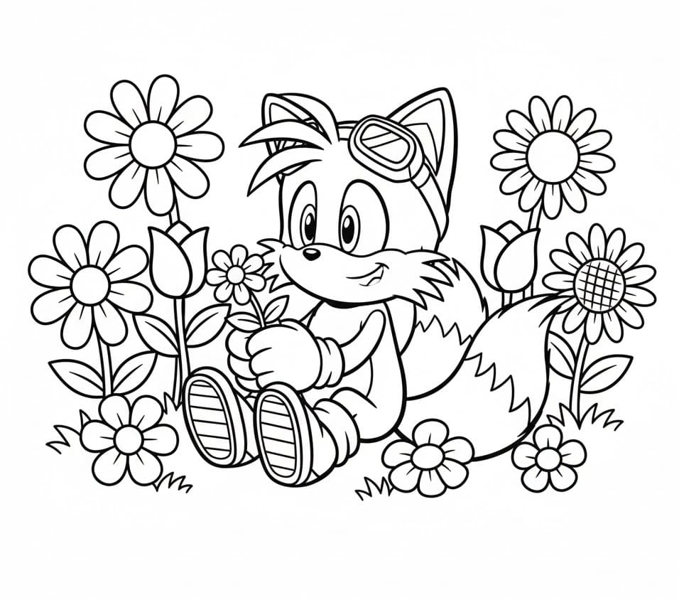 Coloriage Tails avec des fleurs