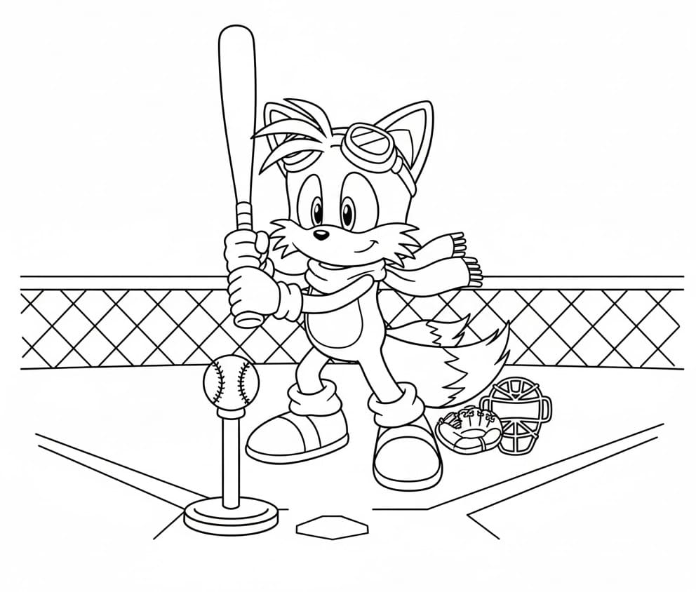 Coloriage Tails joue au baseball