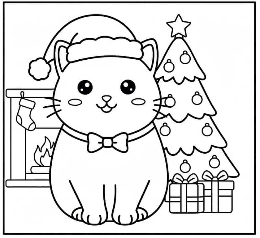 Coloriage Adorable chat de Noël