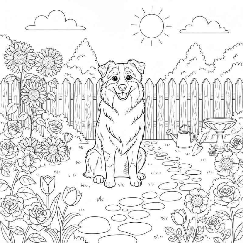 Coloriage Berger australien dans le jardin
