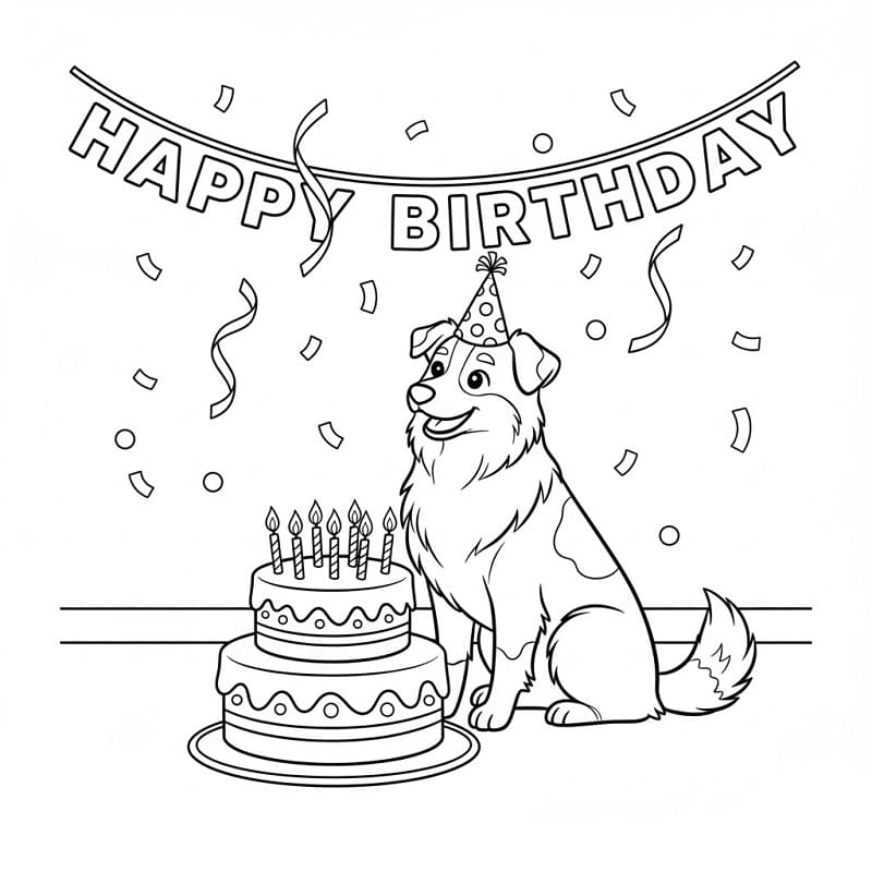 Coloriage Berger australien et gâteau d'anniversaire