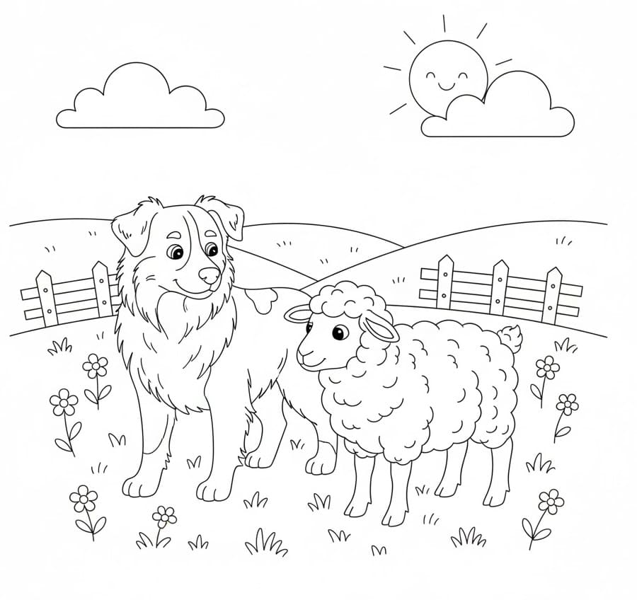 Coloriage Berger australien et moutons