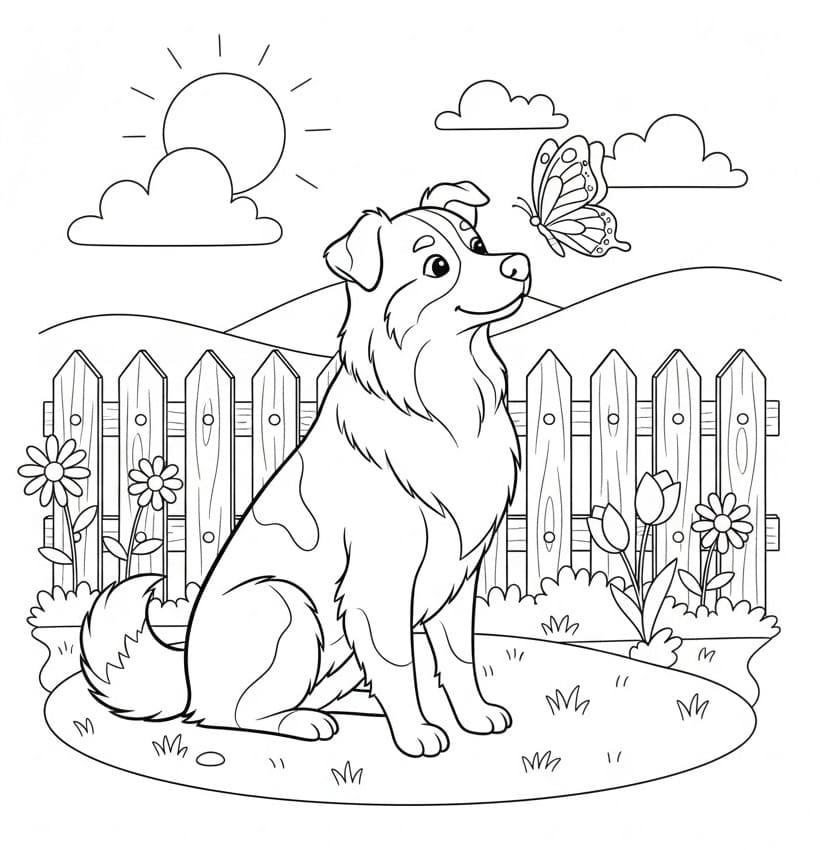 Coloriage Berger australien et papillon