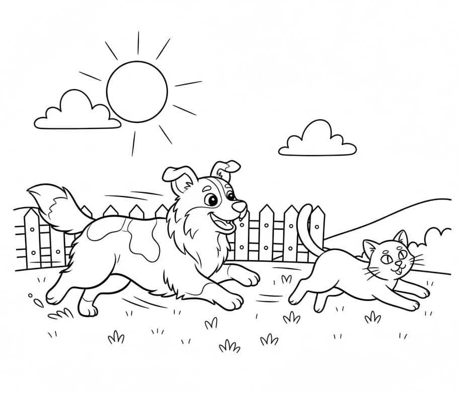 Coloriage Berger australien poursuit un chat