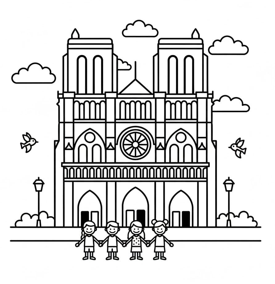 Coloriage Cathédrale Notre-Dame Imprimable Gratuit Pour les Enfants