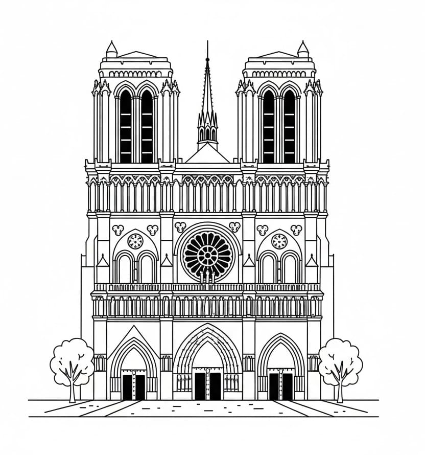 Coloriage Cathédrale Notre-Dame Imprimable Pour les Enfants
