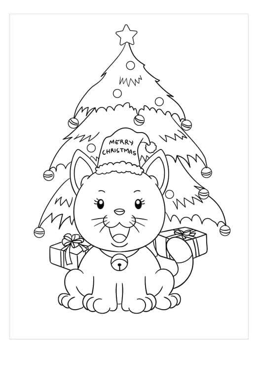Coloriage Chat de Noël 1