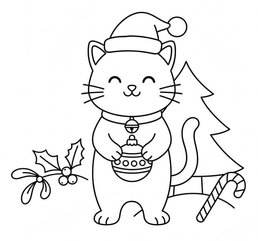 Coloriage Chat de Noël de dessin animé