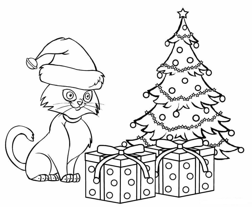 Coloriage Chat de Noël et cadeaux