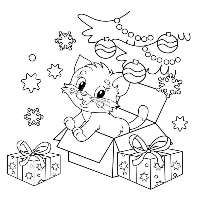 Coloriage Chat de Noël Imprimable Pour les Enfants