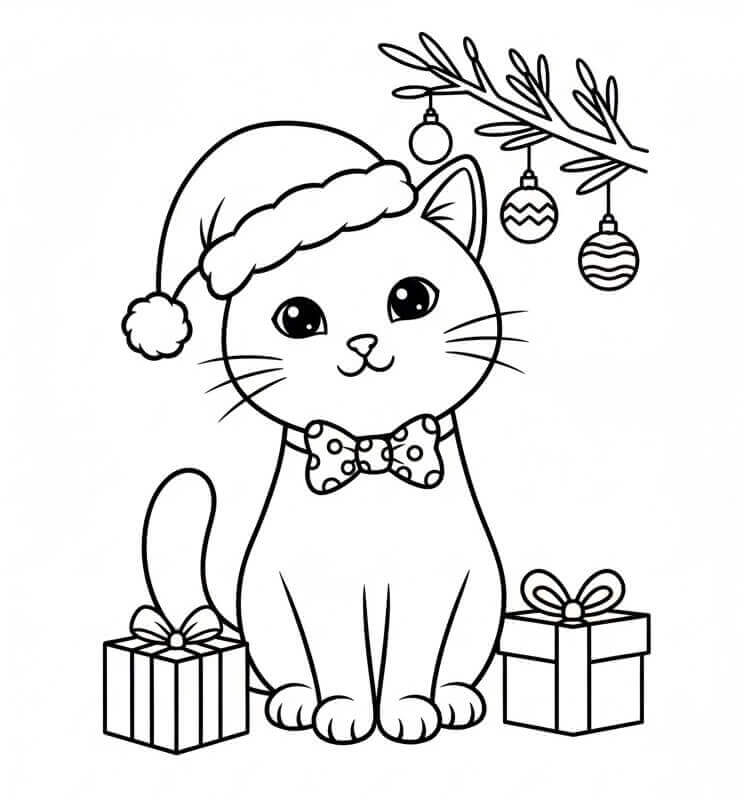Coloriage Chat de Noël Kawaii