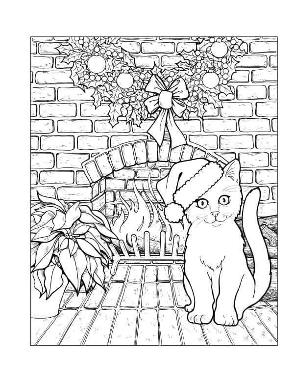 Coloriage Chat de Noël Pour Enfants