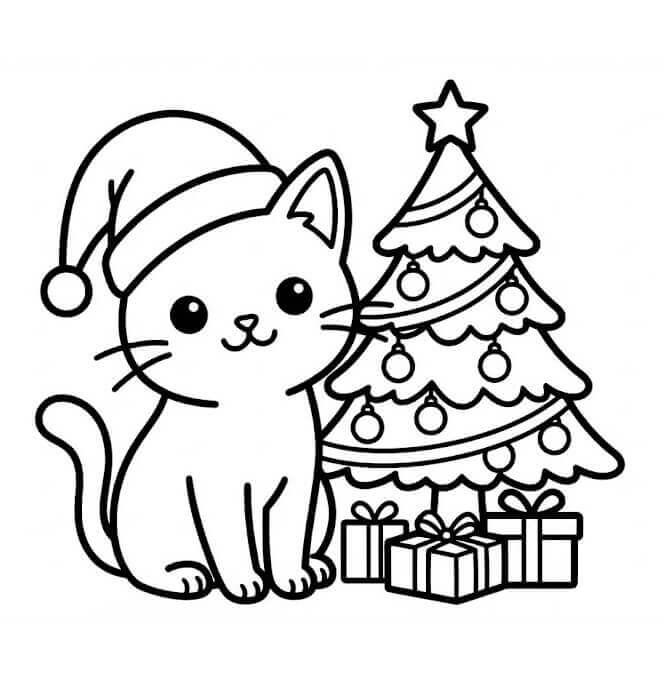 Coloriage Chat de Noël très mignon