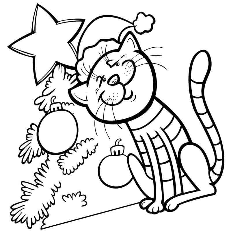 Coloriage Chat et sapin de Noël