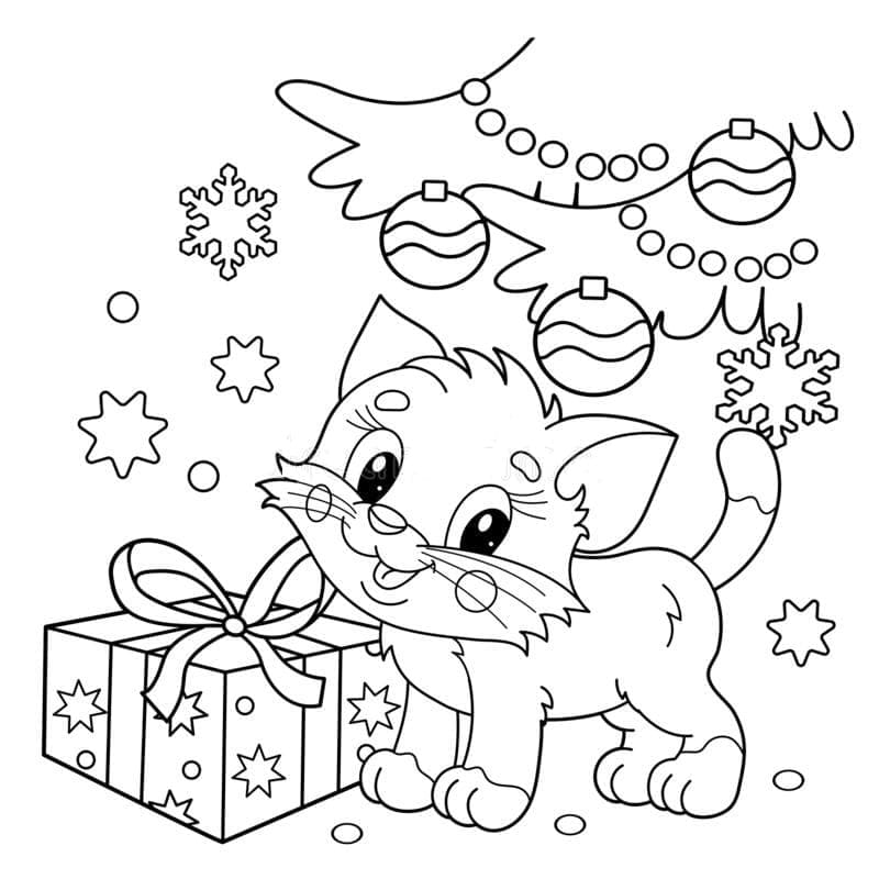 Coloriage Dessin d'un chat de Noël gratuit
