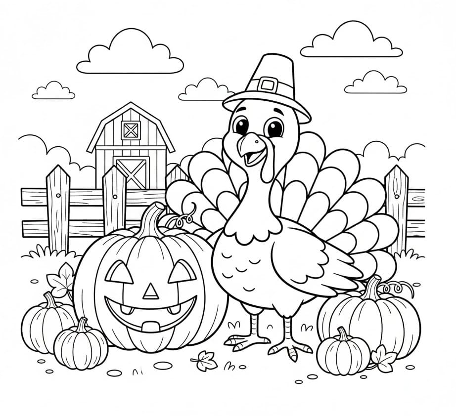 Coloriage Dinde et des citrouilles