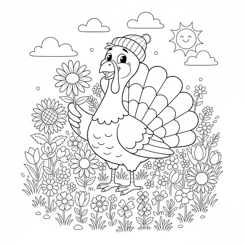 Coloriage Dinde et des fleurs