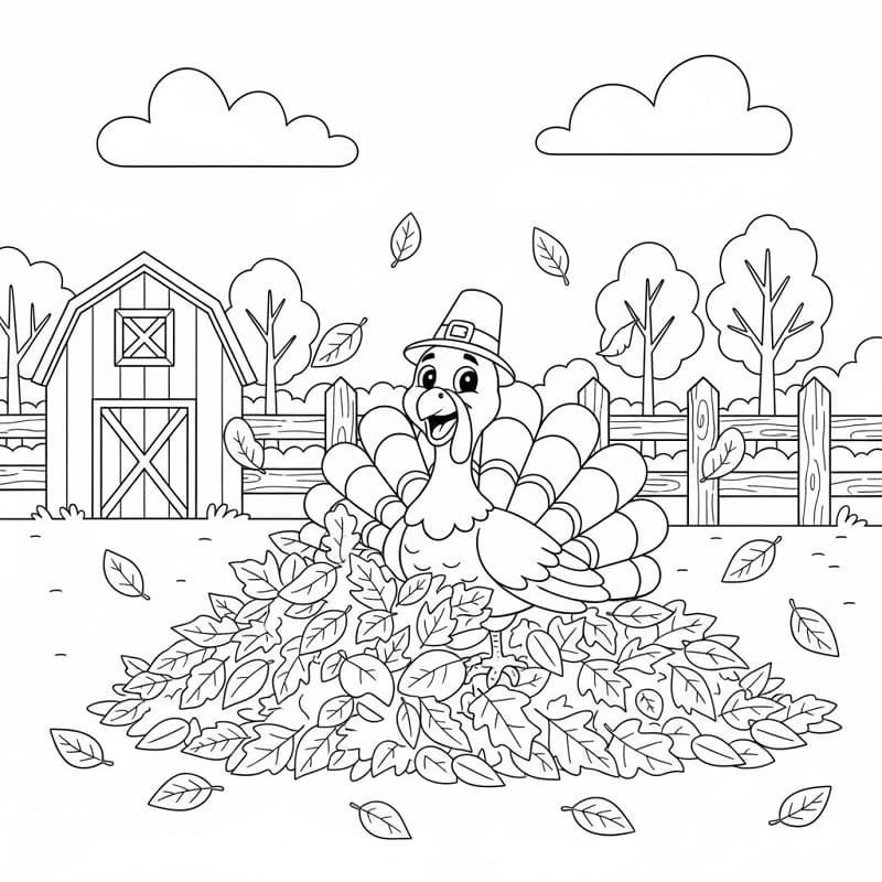 Coloriage Dinde et feuilles d'automne