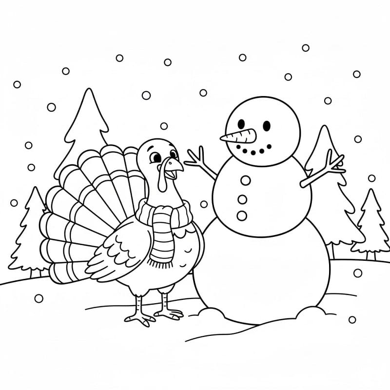 Coloriage Dinde et un bonhomme de neige