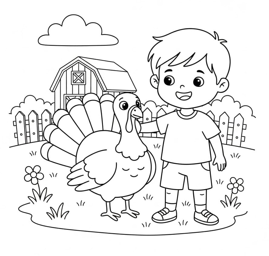 Coloriage Dinde et un garçon