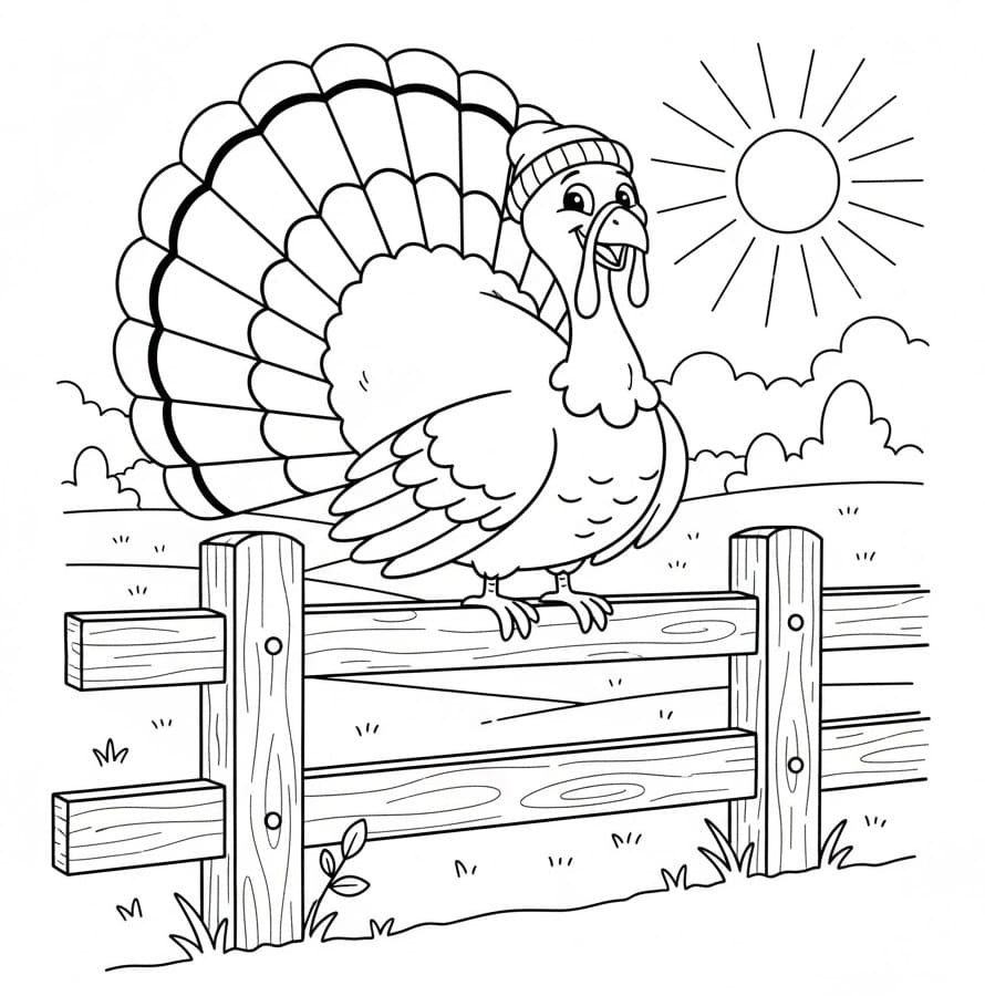 Coloriage Dinde sur la clôture