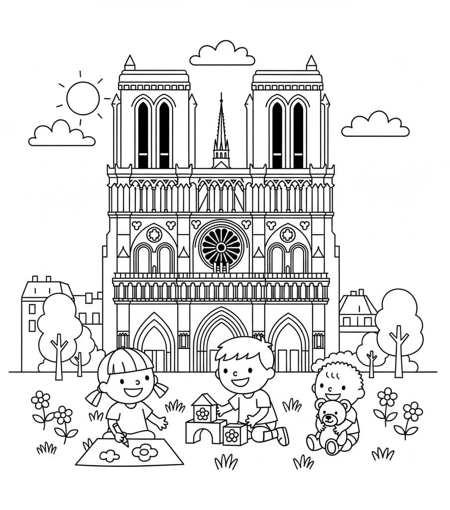 Coloriage Enfants et Cathédrale Notre-Dame de Paris