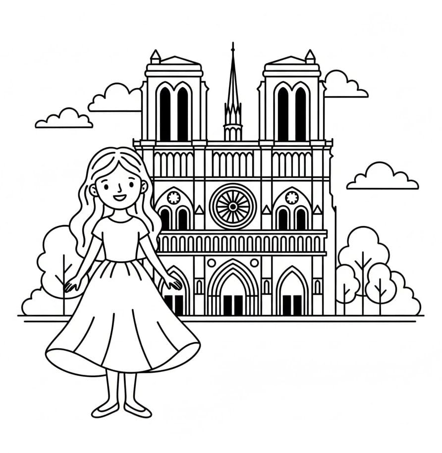 Coloriage Fille et Cathédrale Notre-Dame de Paris