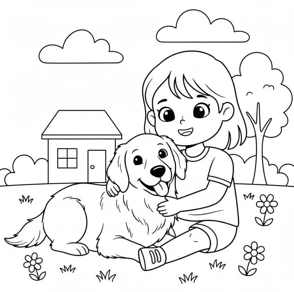 Coloriage Fille et Golden Retriever
