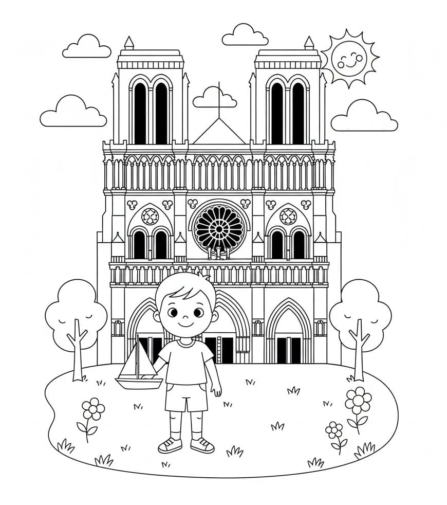 Coloriage Garçon et Cathédrale Notre-Dame de Paris