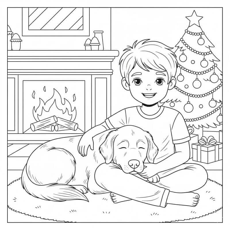 Coloriage Garçon et Golden Retriever