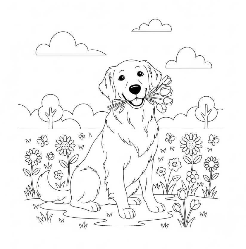 Coloriage Golden Retriever avec des fleurs