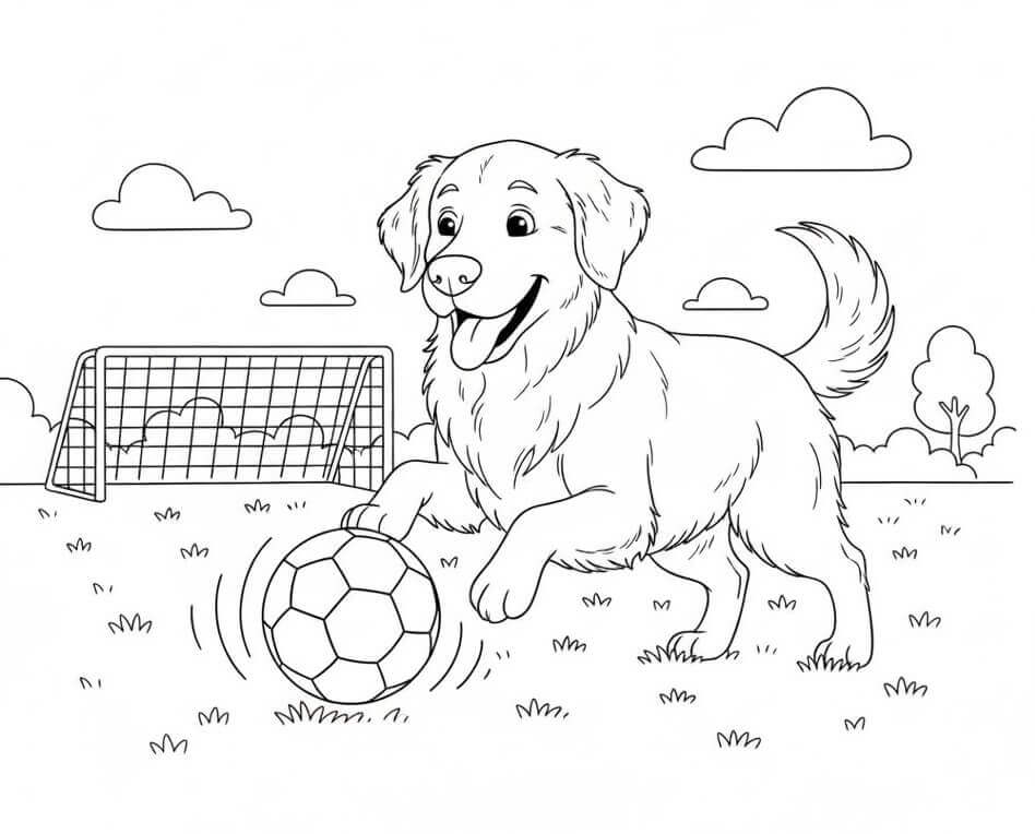 Coloriage Golden retriever joue au football