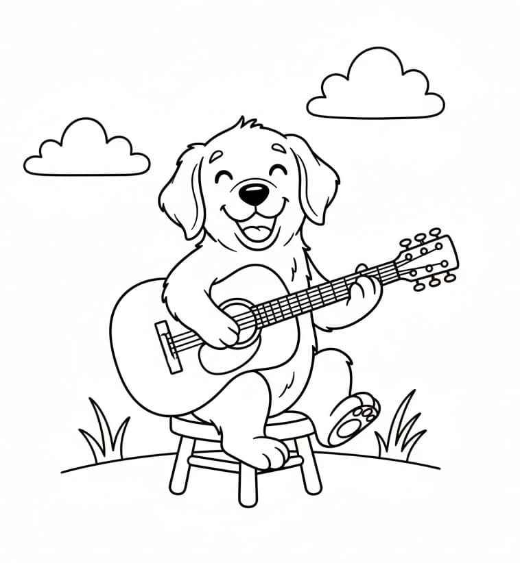 Coloriage Golden retriever joue de la guitare